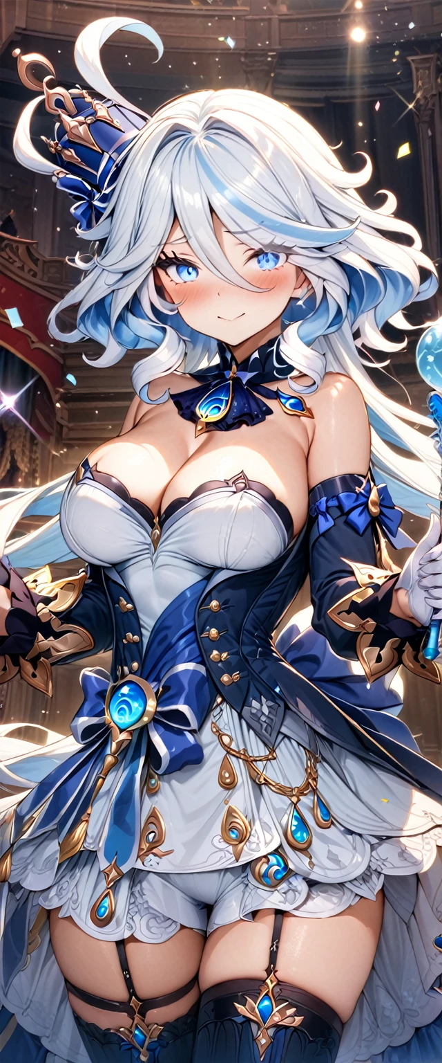 (masterpiece), best quality, expressive eyes, perfect face,1girl,furina,genshin impact,opera hall,stage,confetti,(bubble magic wand),holding,holding wand,shy smile,blush,cowboy shot,glowing eyes,big breasts,cleavage,long hair,strapless,bare shoulder,magical girl,frilled dress,frilled layered skirt,thighhigh stockings,studio lighting,(sparkle:0.9),(glitter:0.9)