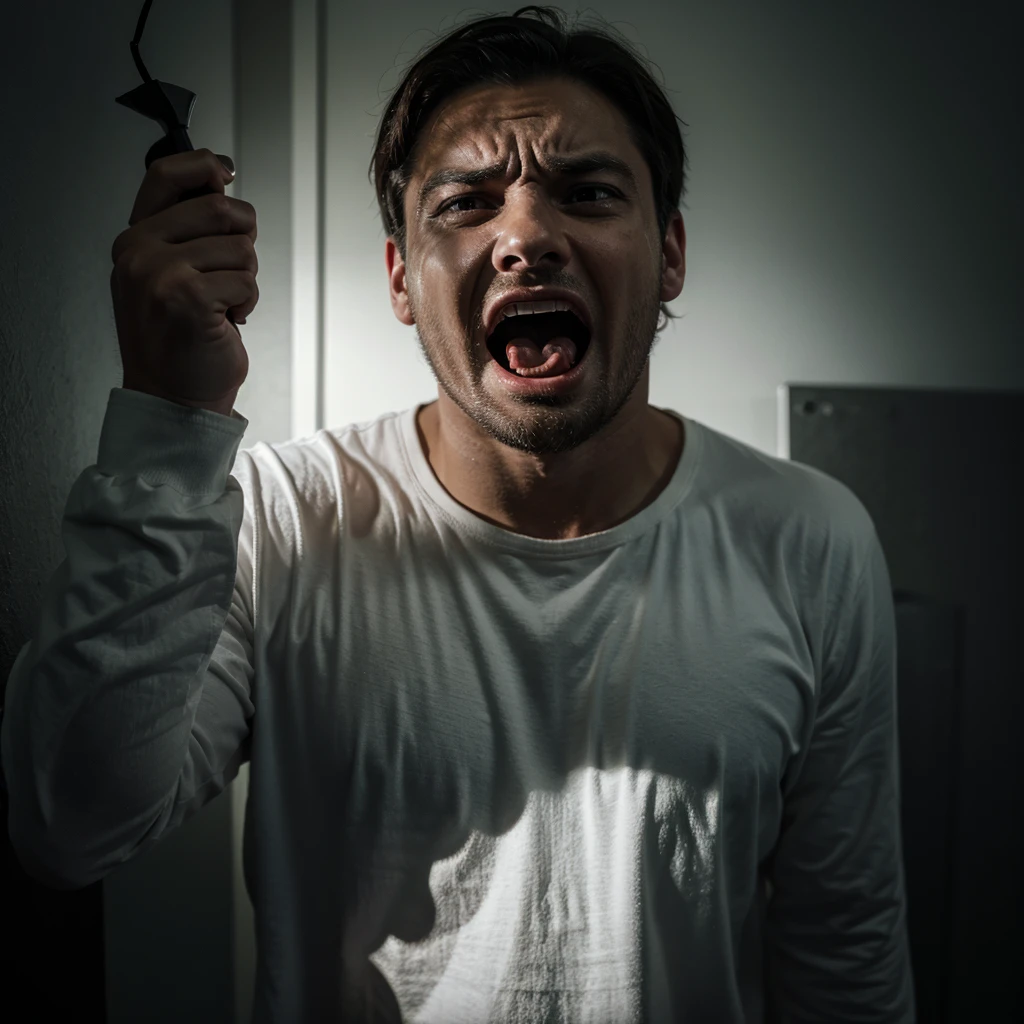 Man screams in fear in the dark.