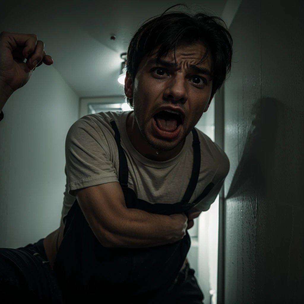 Man screams in fear in the dark.