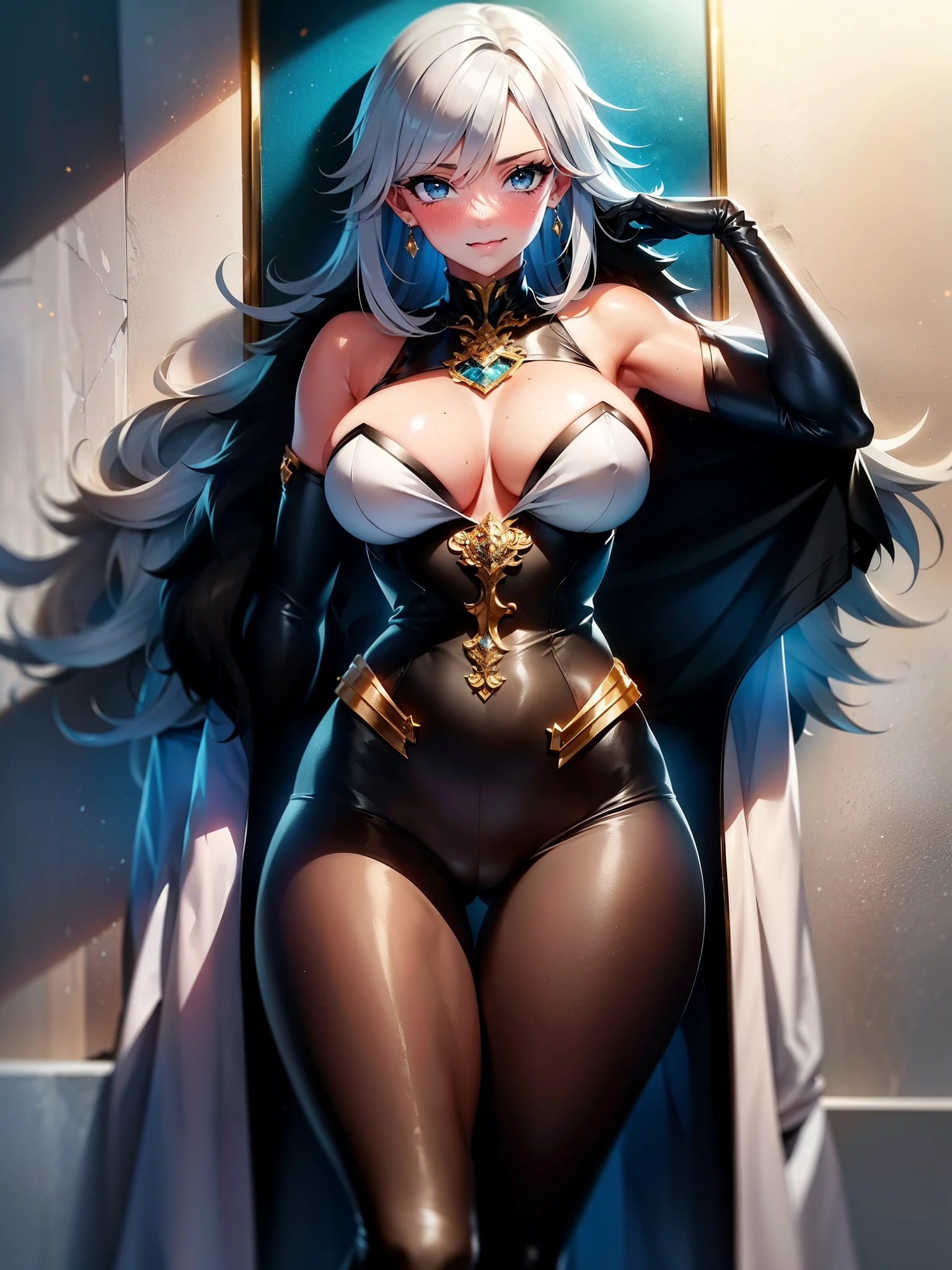 1girl, solo, leaning on white marble wall, sexy face, sexy, cute face, bangs, long hair, look away, shy, nose blush, concept art, freckles, lay light on the wall, passionate, medium breast, fit body, long waist, (thigh gap), wide shoulder, short hair, white hair, hair over one eye, open blue coat, brown gloves, black pants, earrings, seductive, enchanting, (biting lip), erotic