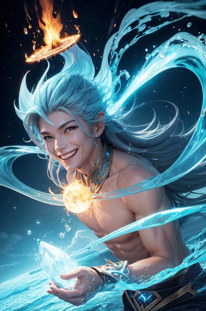 Elemental wizard with water powers, fire, air and earth smiling