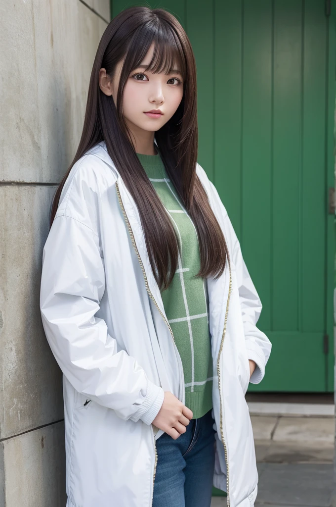 A young woman wearing a white jacket and a green checked shirt、Posing in front of an indoor wall。Her hair is long、Straight、I have bangs。In the background you can see a Japanese sign.。Overall bright、It's a friendly atmosphere。There's a sweet smile on her face。