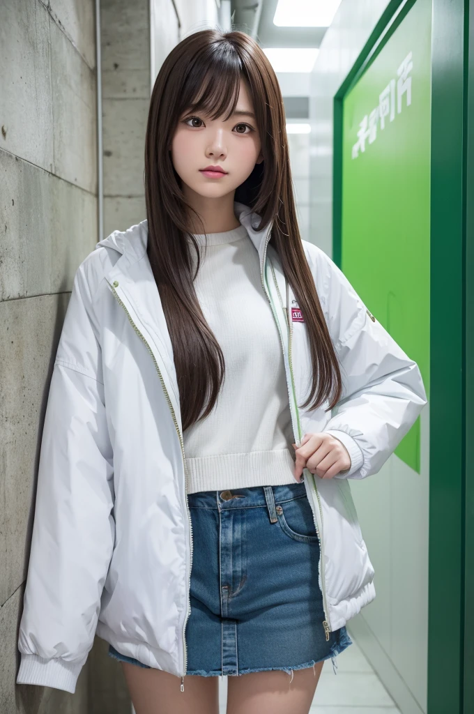 A young woman wearing a white jacket and a green checked shirt、Posing in front of an indoor wall。Her hair is long、Straight、I have bangs。In the background you can see a Japanese sign.。Overall bright、It&#39;s a friendly atmosphere。There&#39;s a sweet smile on her face。

