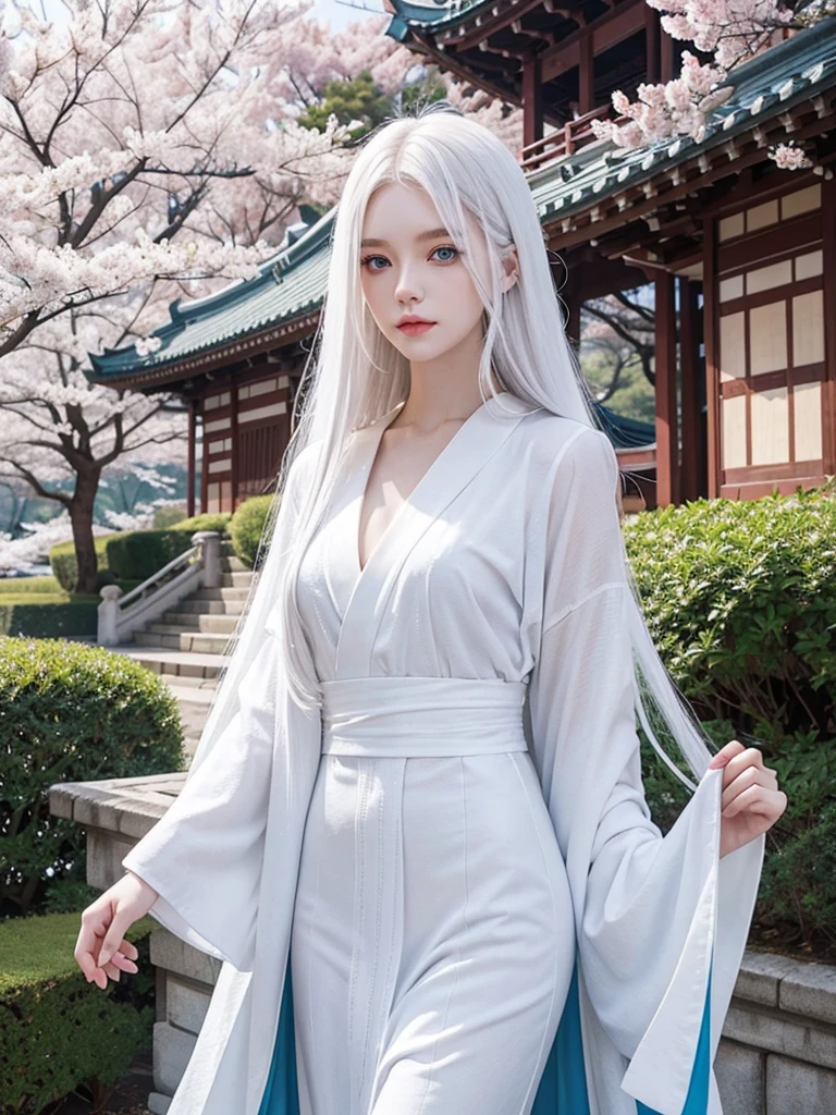 Long white hair, blue eyes, serious features, white skin, loose style, in a garden, with flowers , in the forest ,in the Sakura Korea ,Korean Palace 