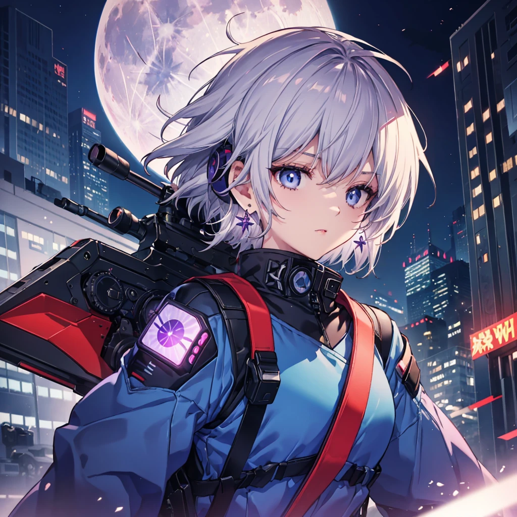 (((1 person)))　((Gray Hair　Short Hair　blue eyes　sniper rifle)，((Crow　night　Red full moon))，(rooftop　Drop shoulder　Sailor suit　cyber punk　Shiny Earrings　Purple light)，　Sweat　A tense look　Also々funny Face　Headphones