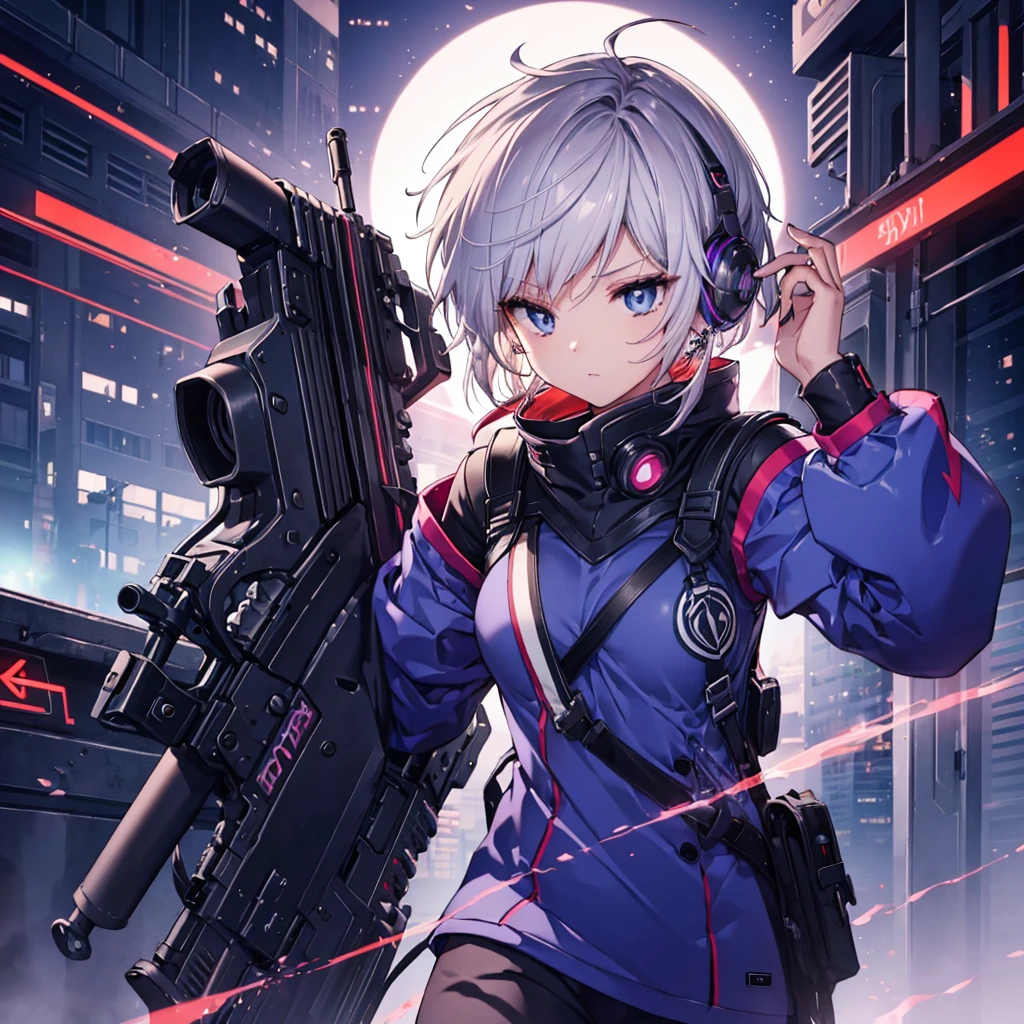 (((1 person))) ((Gray Hair Short Hair blue eyes sniper rifle),((Crow night Red full moon)),(rooftop Drop shoulder Sailor suit cyber punk Shiny Earrings Purple light), Sweat A tense look Also々funny Face Headphones