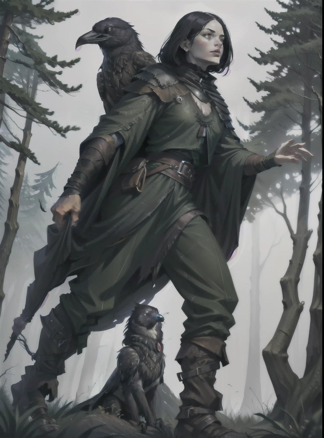 I want a human character, with raven on shoulder and black medieval clothes,in a hunting position, with a look of looking for something, in the middle of the forest, showing the whole body, but walking. little crow on the shoulder, in forest background, the human has the crow as a pet