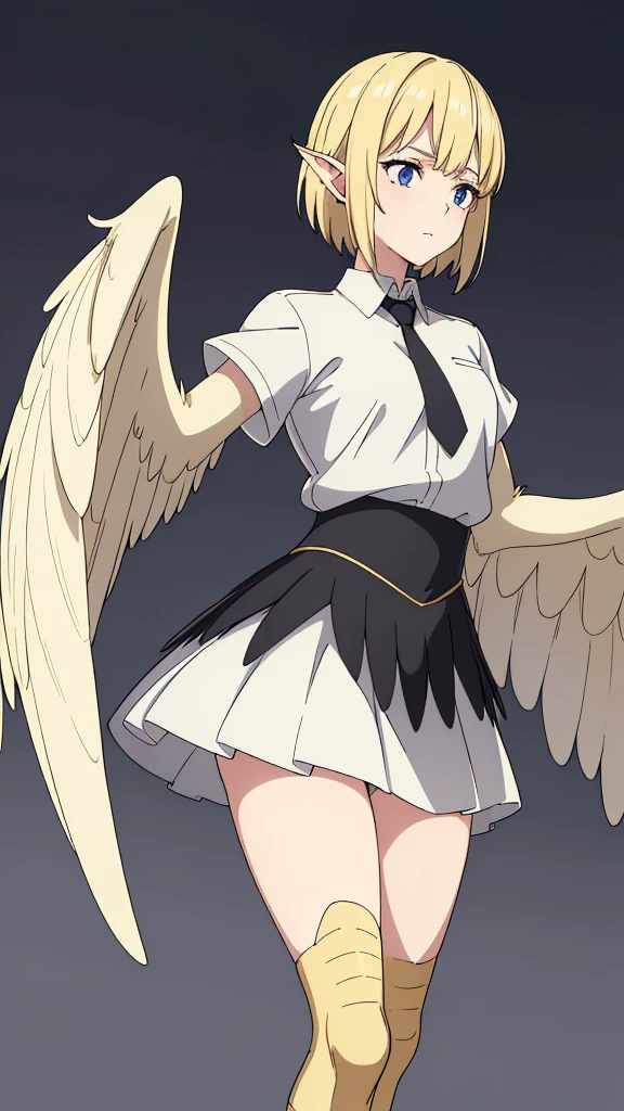 1girl,20s,happy,white shirt,black standard tie,short sleeves,white school skirt,short hair,blonde hair,pointy ears,((harpy,harpy wings)),(extremely detailed CG unity 8k wallpaper, masterpiece, best quality, ultra-detailed, highres, absurdres), (anime:1.4), (illustration),