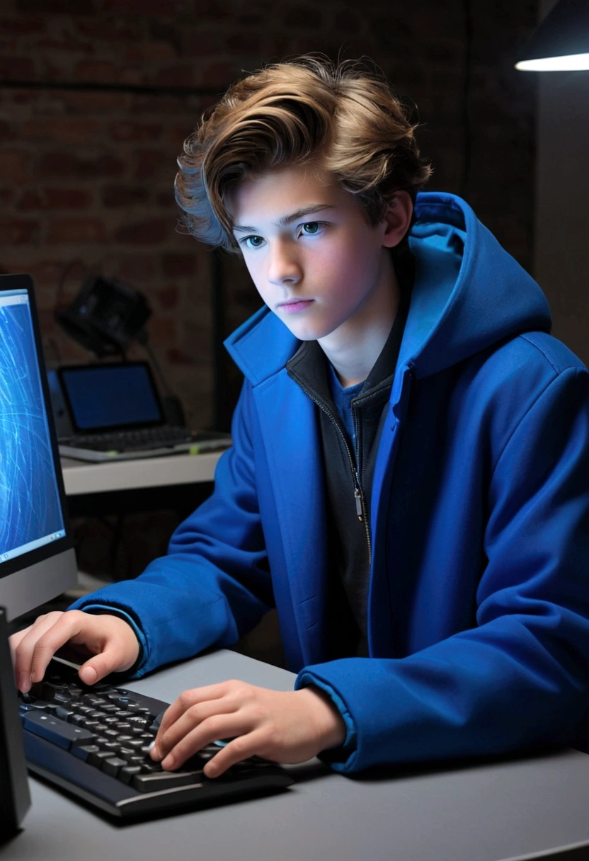 18 year old boy working with a computer with a blue coat is weared