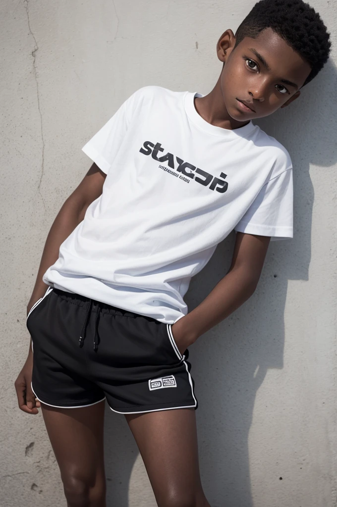 12-year-old dark-skinned boy with a white shirt written on his right chest Paulo Chaves School in black shorts and black sneakers