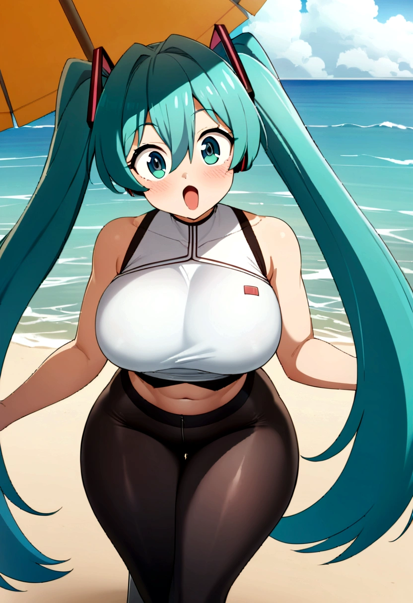 Detailed illustration of a very tall giant Hatsune Miku in focus , Braless,hanging breasted, (Wearing a white crop top shirt), And skin-tight black leggings,Low-angle images, Huge chest focus,thicc thighs,Functional,Huge ass,having fun ,Look sexy,Erotic,Teasing the, Beach,Sand,Sea,morning ,Fog,Long exposure,Detailed background,(masutepiece), (Best Quality), (Detailed),Detailed face and attire,Anime Face,Stand taller than the beach umbrella, beach parasol, Beach Mat,Front side view,Anime Big Eyes,Anime Face,Anime body