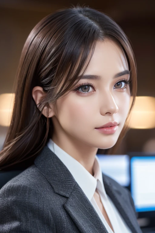 beautiful detailed eyes, beautiful detailed lips, extremely detailed eyes and face, longeyelashes, elegant office lady, professional business attire, office setting, desk, computer, paperwork, (best quality,4k,8k,highres,masterpiece:1.2),ultra-detailed,(realistic,photorealistic,photo-realistic:1.37),HDR,UHD,studio lighting,ultra-fine painting,sharp focus,physically-based rendering,extreme detail description,professional,vivid colors,bokeh,intricate details,highly realistic,photorealistic portrait