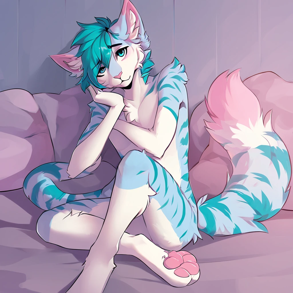 adult, feline, mammal, anthro, anthromorphic, cat, striped, fur, furred_anthro, femboy, male, blue, ear_tufts, purple, paws, hair_tuft, hair_between_eyes, long_tail, fluffy, expressive_eyes, blue/teal_hair, light looking_at_viewer, blue_fur, shy, small_pupils, spotted_pattern, stripes, tiger_stripes, digital_art, high_resolution, high_res, background, shy, posing, laying_down, pink_paws, paws