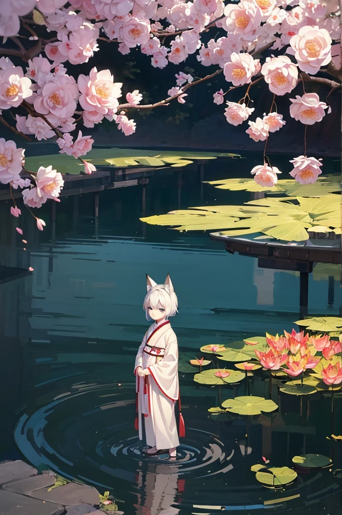 ((4K,work of art,best qualityer)), shuimobysim, chinese traditional ink painting, lotus,  Hanfu, maxiskit, dress conservatively 1 boy, standing alone, offwhite hair, fox ears, offwhite,  AngelT, many AngelT near boy, Look to viewer, to provoke,Onee-Shota,