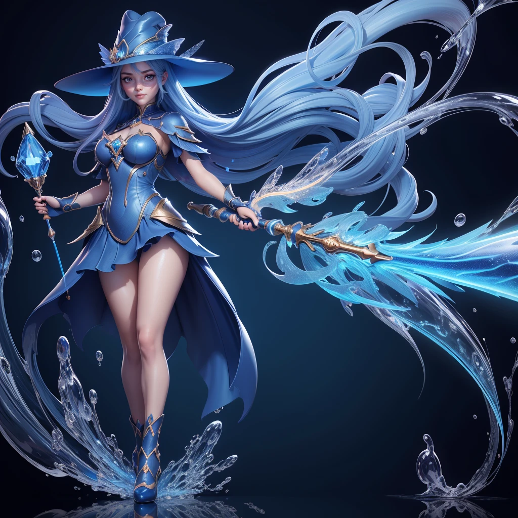 Beautiful eyes Artificial Empathy, she has this big beautiful wand, ((full body view)),((blue fire power art)) , quality rendering, 8k resolution UHD, with transparent background, highly detailed, has blue silky smooth hair with a detailed pointy hat, blue detailed outfit dress with high socks, wearing magic shoes ((Few droplets of water effect falling)).