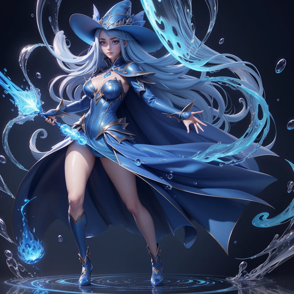 Beautiful eyes Artificial Empathy, she has this big beautiful wand, ((full body view)),((blue fire power art)) , quality rendering, 8k resolution UHD, with transparent background, highly detailed, has blue silky smooth hair with a detailed pointy hat, blue detailed outfit dress with high socks, wearing magic shoes ((Few droplets of water effect falling)).