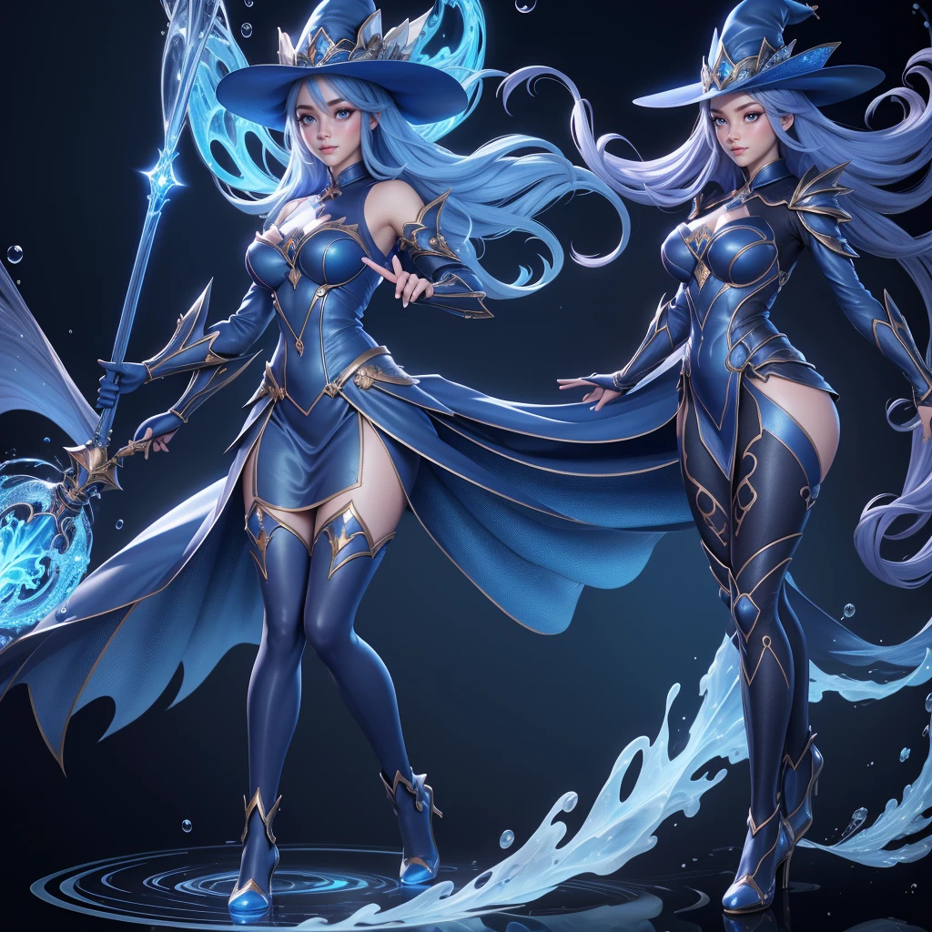 Beautiful eyes Artificial Empathy, she has this big beautiful wand, ((full body view)),((blue fire power art)) , quality rendering, 8k resolution UHD, with transparent background, highly detailed, has blue silky smooth hair with a detailed pointy hat, blue detailed outfit dress with high socks, wearing magic shoes ((Few droplets of water effect falling)).