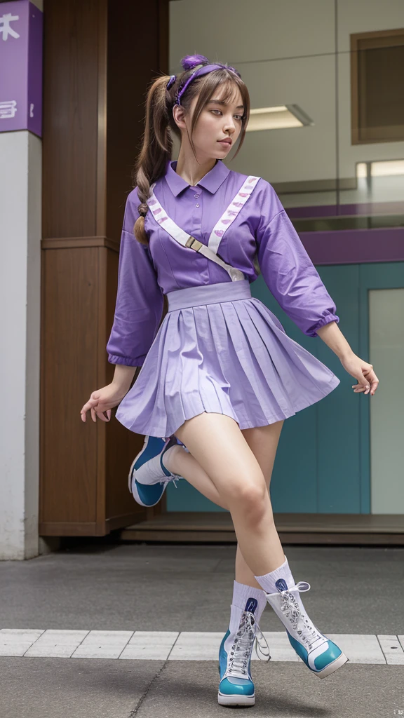 ((masterpiece, best quality))1girl, solo, fashion purple dress modern future, electric guitar, headphones, ponytail, holding, holding plectrum, instrument, very very long brown hair, music, one side up, teal hair, twin tails, playing guiter, pleated long skirt fashion, fashion cosplay japan dress modern purple and white, interior, full body, purple, sit down in retro classic chair, walking, jumping, beautiful boot modern, background japan city,  fashion costume cosplay japan modern, execited, dancing, jumping, running, fighting, having lunch