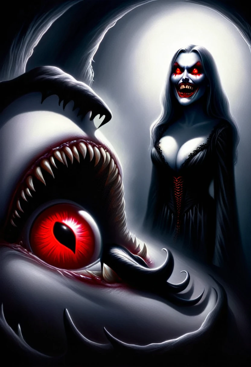 Kelley Jones-style horror surreal mystical art, deep cleavage of a curvy woman leaning forward in macabre attire, highlighted creepy teeth and red eyes peering from the shadows, exaggerated features emanating a sense of 'decollete phobia' with a chiaroscuro effect, hyperbolized illustration, macabre masterpiece.