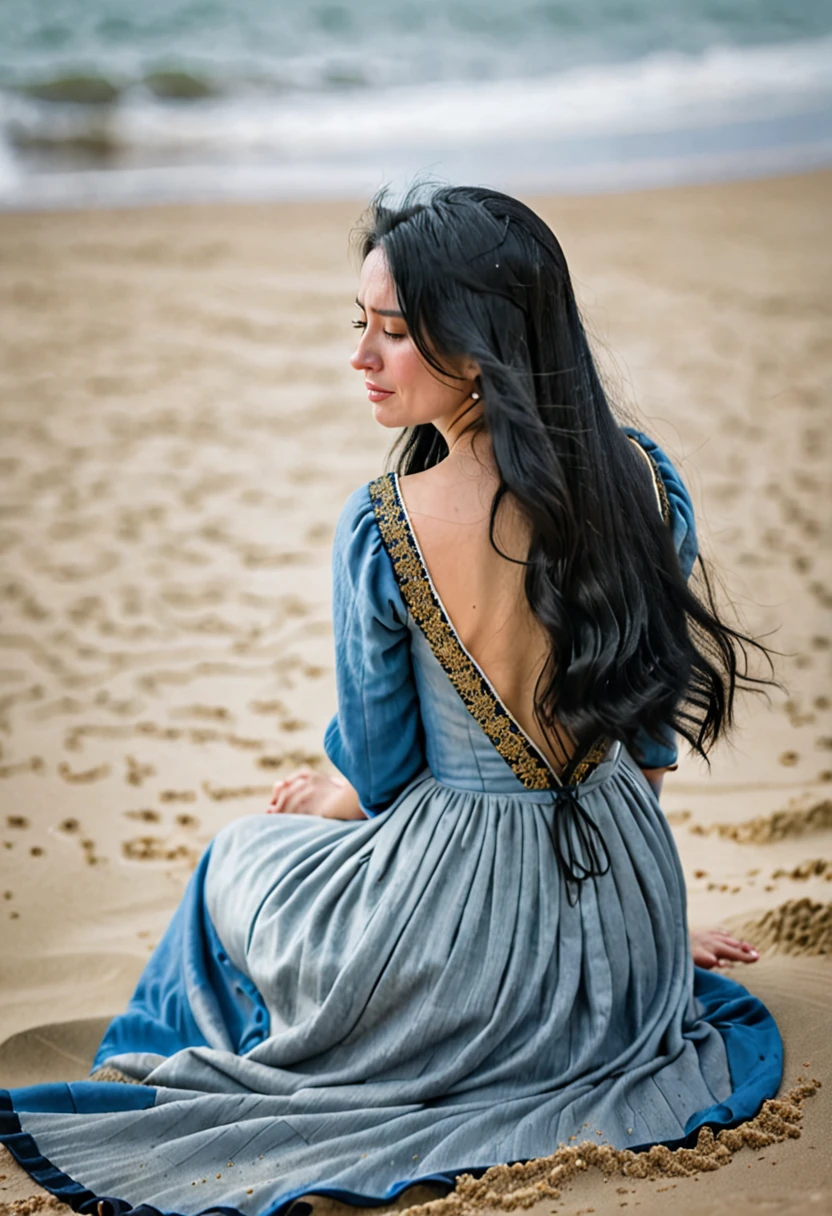 WOMAN WITH LONG BLACK HAIR SIT FROM BACK WITH A SIMPLE MEDIEVAL DRESS, SIT IN SAND FROM A BEACH, WITH A BLUR BACKGROUND, CRYING