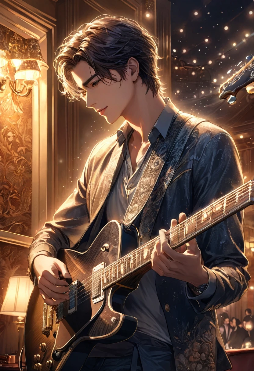 Handsome man , A delicate and handsome guitarist playing guitar(Face clear and perfect)Image,The background is hotel scene lighting art perfect, Beautifully, Intricate illustrations, art work concept art work masterpiece, best quality, Super detailed, HD