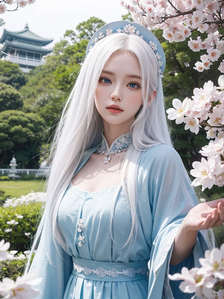 Long white hair, blue eyes, serious features, white skin, loose style, in a garden, with flowers , in the forest ,in the Sakura Korea ,Korean Palace 