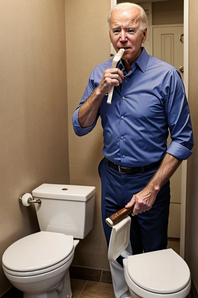 Joe biden holding a weapon inside toilet while eating