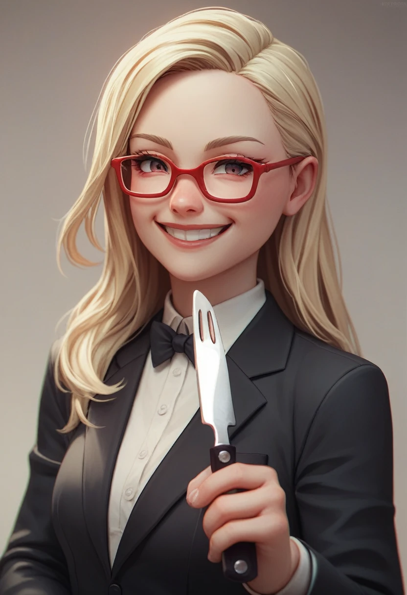(a blonde woman with long hair smiling), (only the bust), (Black Suit), (Red glasses), (holding fork), (holding a knife), (3d style image).