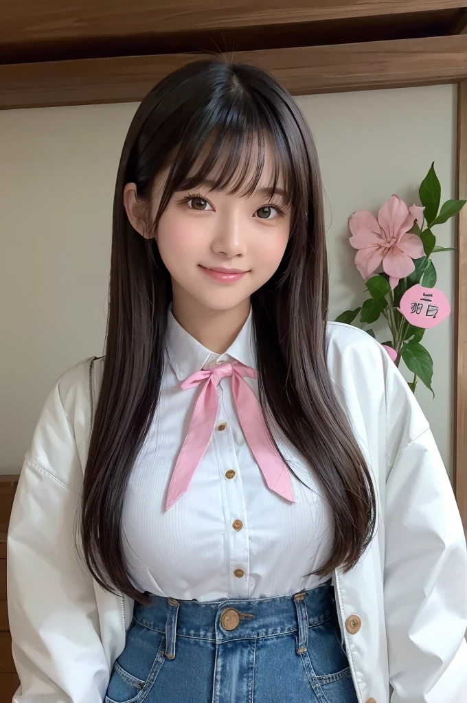Young woman posing in front of an indoor wall。She is wearing a light white jacket、Under the jacket she is wearing a green and white checked blouse.。The blouse has a ribbon tied around the neck.、It creates a casual atmosphere。Her hair is black、With long straight hair、I have bangs。The hair hangs naturally around the shoulders.。She is wearing a denim skirt、The skirt has several large buttons on the front.。Her expression is soft、Has a friendly smile。In the background is a pink sign in Japanese.、There is also an illustration of a white bird.。The sign reads:「Western sweets」You can see the word。The overall atmosphere is bright and friendly.。
