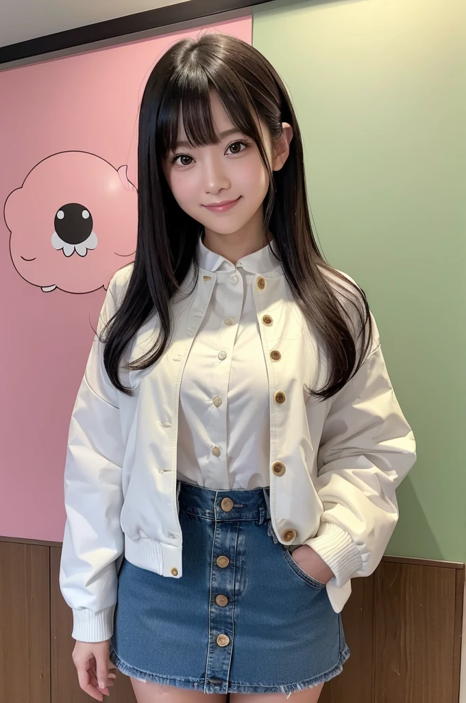 Young woman posing in front of an indoor wall。She is wearing a light white jacket、Under the jacket she is wearing a green and white checked blouse.。The blouse has a ribbon tied around the neck.、It creates a casual atmosphere。Her hair is black、With long straight hair、I have bangs。The hair hangs naturally around the shoulders.。She is wearing a denim skirt、The skirt has several large buttons on the front.。Her expression is soft、Has a friendly smile。In the background is a pink sign in Japanese.、There is also an illustration of a white bird.。The sign reads:「Western sweets」You can see the word。The overall atmosphere is bright and friendly.。