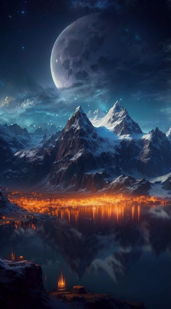 mountains and a lake with a moon in the sky, 4k highly detailed digital art, 4 k hd wallpaper very detailed, impressive fantasy landscape, sci-fi fantasy desktop wallpaper, unreal engine 4k wallpaper, 4k detailed digital art, sci-fi fantasy wallpaper, epic dreamlike fantasy landscape, 4k hd matte digital painting, 8k stunning artwork