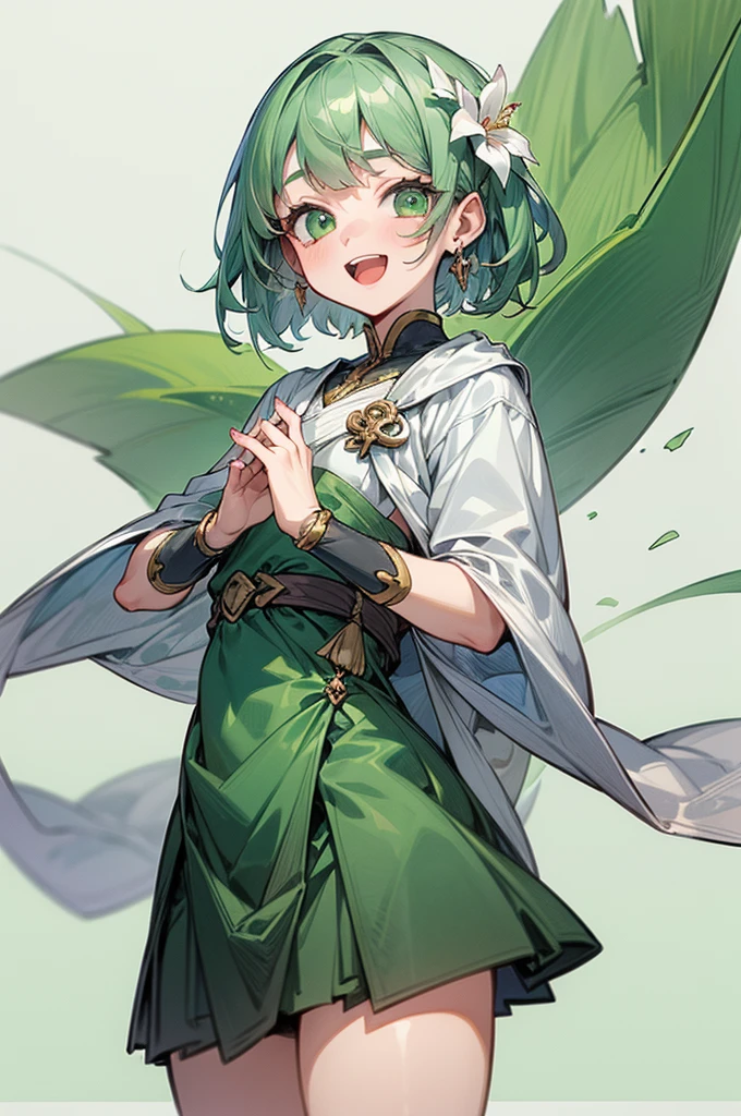 1girl, solo, looking at viewer, cowboy shot, standing, loli, smile, short hair, open mouth, bangs, hair ornament, (white background), jewelry, green eyes, flat chest, flower, earrings, (lime green hair), sideburns, particles, hair flower, druid, knee length skirt, (Kurta), Celtic clothes, white cape, Cornus florida, (masterpiece), (best quality), (ultra-detailed), (illustration:1.2), (watercolor_painting:1.0), (highly detailed background:1.2), (thick outline), (perfect hands:1.4, two legs), composite lighting, professional shading, high quality textures, perfectly structured, natural proportions, extremely detailed beautiful anime face,