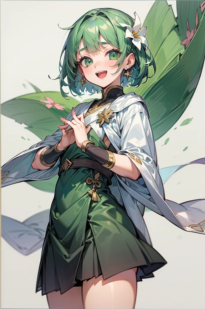 1girl, solo, looking at viewer, cowboy shot, standing, , smile, short hair, open mouth, bangs, hair ornament, (white background), jewelry, green eyes, flat chest, flower, earrings, (lime green hair), sideburns, particles, hair flower, druid, knee length skirt, (Kurta), Celtic clothes, white cape, Cornus florida, (masterpiece), (best quality), (ultra-detailed), (illustration:1.2), (watercolor_painting:1.0), (highly detailed background:1.2), (thick outline), (perfect hands:1.4, two legs), composite lighting, professional shading, high quality textures, perfectly structured, natural proportions, extremely detailed beautiful anime face,