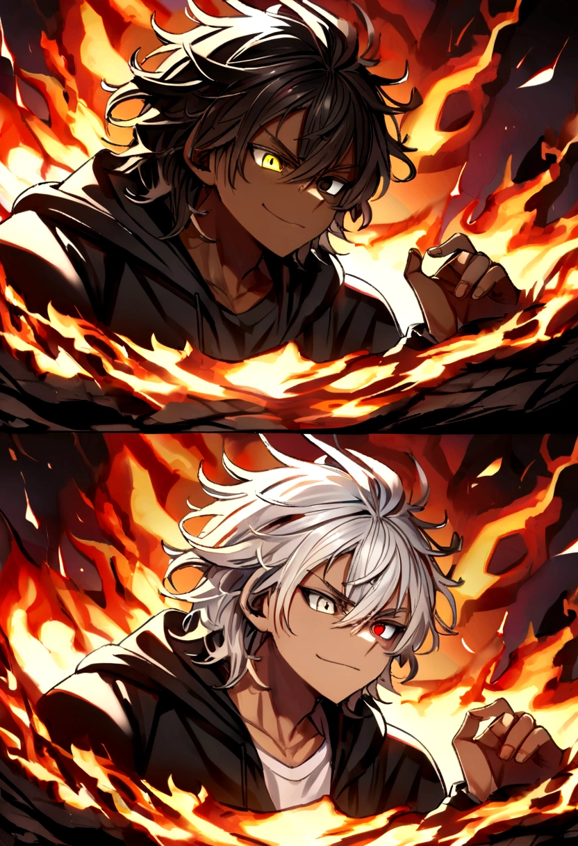 white shirt, wearing a black hoodie , yellow and black eyes heterochromia , psychotic expression with a slight smile , Messy hair , Medium length hair , masculine , multicolored black and white hair , two tone hair , dark skin color, in a crater covered in flames, while in an attack position with his hands covered in black flames