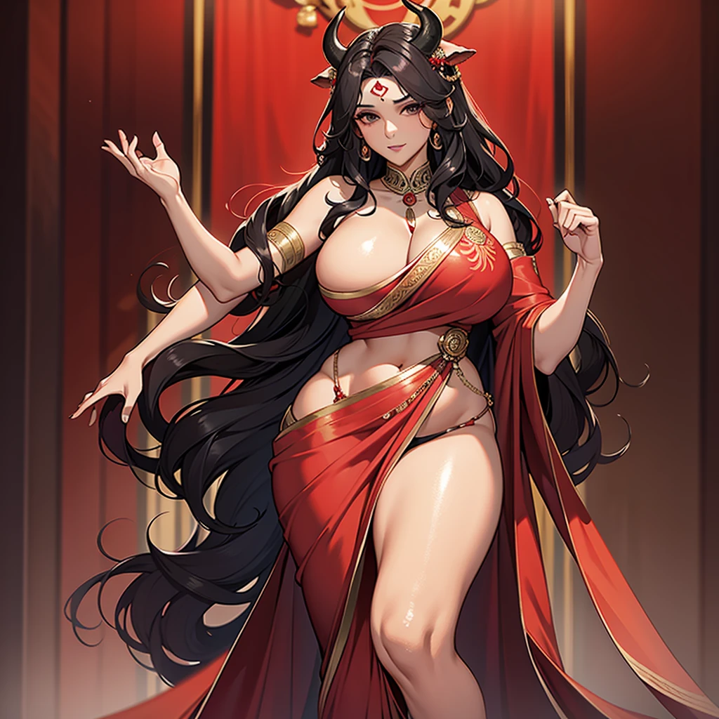 wavy hair,Red Sari,black eyes,dark skin,woman、voluptuous body shape,Cow horns on the head ,seductive pose, massive proportion