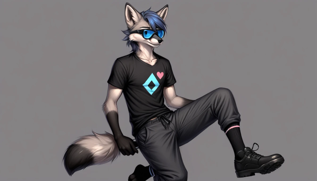 by zackary911, slender waist, anthro, (furry male grey fox), (grey fur), long soft fluffy fox tail, fluffy fur, detailed eyes, highly detailed, blue eyes, 1boy, solo, black T-shirt, long undercut hair, blue hair, detailed fox ears, (goggles worn on the forehead), detailed black collar, detailed toenails, look at viewer, black baggy pants, grey hands, grey legs, grey feet, grey hands, detailed (feet; fox paws), cutie face, blush, bush, painted hearts, seductive gaze, focus paws, ultra detailed paws, amazing paws, sitting, short lace-up socks,