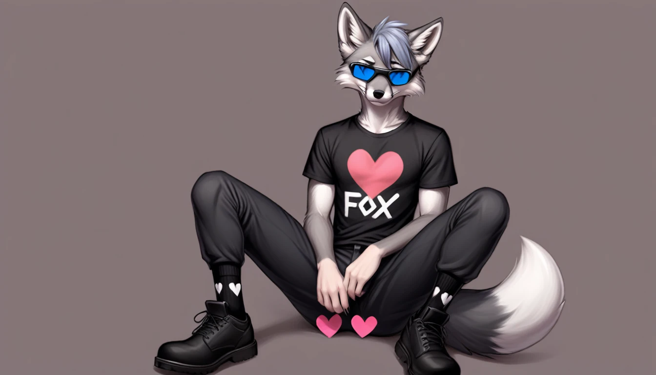 by zackary911, slender waist, anthro, (furry male grey fox), (grey fur), long soft fluffy fox tail, fluffy fur, detailed eyes, highly detailed, blue eyes, 1boy, solo, black T-shirt, long undercut hair, blue hair, detailed fox ears, (goggles worn on the forehead), detailed black collar, detailed toenails, look at viewer, black baggy pants, grey hands, grey legs, grey feet, grey hands, detailed (feet; fox paws), cutie face, blush, bush, painted hearts, seductive gaze, focus paws, ultra detailed paws, amazing paws, sitting, short lace-up socks,