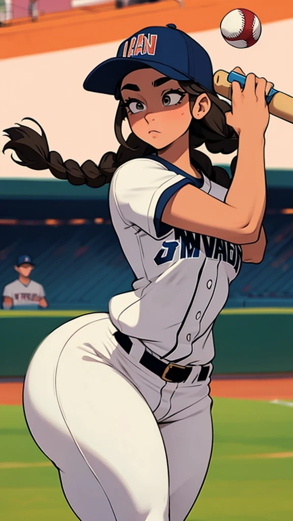 Baseball player, baseball cap, braids hair, curvy