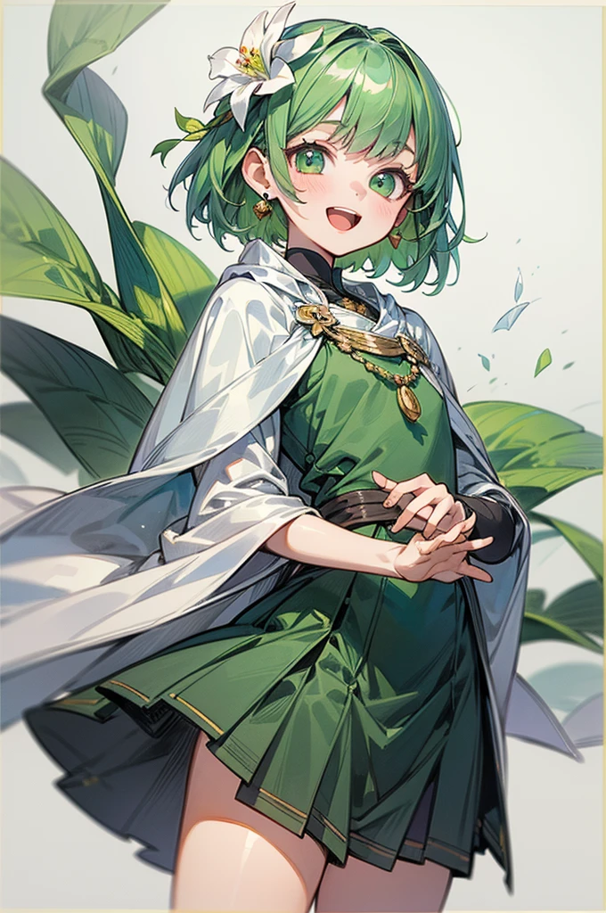 1girl, solo, looking at viewer, cowboy shot, standing, , smile, short hair, open mouth, bangs, hair ornament, (white background), jewelry, green eyes, flat chest, flower, earrings, (lime green hair), particles, hair flower, druid, knee length skirt, (Kurta), Celtic clothes, white cape, Cornus florida, (masterpiece), (best quality), (ultra-detailed), (illustration:1.2), (watercolor_painting:1.0), (highly detailed background:1.2), (thick outline), (perfect hands:1.4, two legs), composite lighting, professional shading, high quality textures, perfectly structured, natural proportions, extremely detailed beautiful anime face,