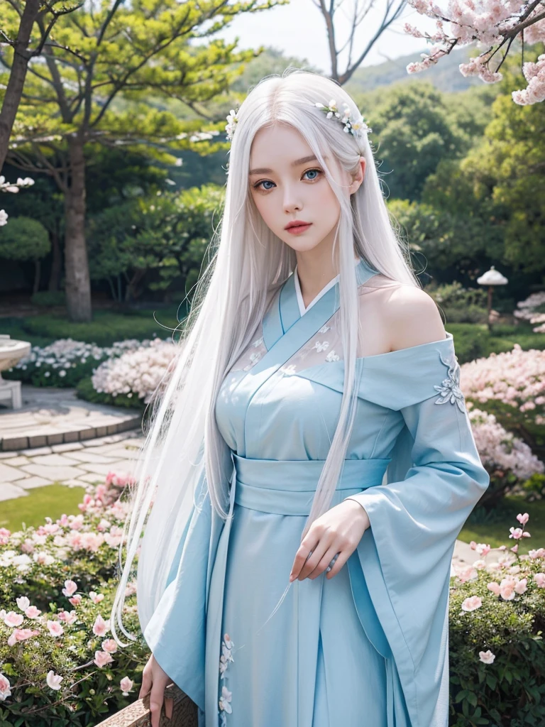 Long white hair, blue eyes, serious features, white skin, loose style, in a garden, with flowers , in the forest ,in the Sakura Korea ,Korean Palace