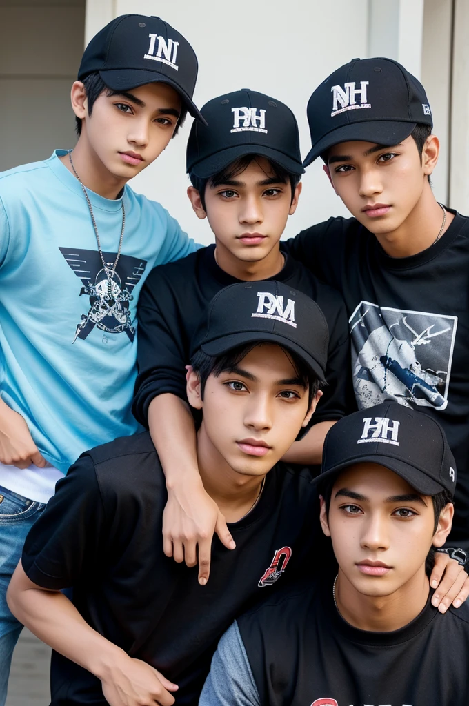 Create in 2d like anime group of four boys. Wear a jacket ant tshirt and cap and boys name is lucky ,Vishal,marks and Oggy. And there average age is 18