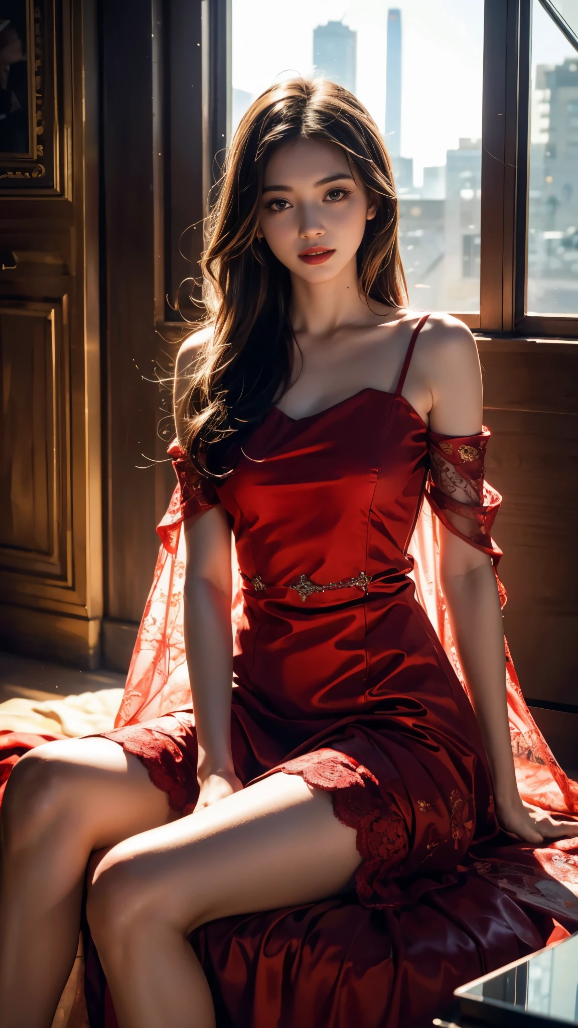 8K, UHD, MAsterpiece, best quality, 1 girl, (realistic face), happy pace, very long hair, small breasts, decorated dress, very beautiful ornaments dress, red color, lace, mesh dress, sardine, loops, in the balcony, ipllers, depth of field, cinematic lighting, chromatic aberration, motion blur, glowing light, god rays, ray tracing, reflection light, backlighting, knee short, sitting,