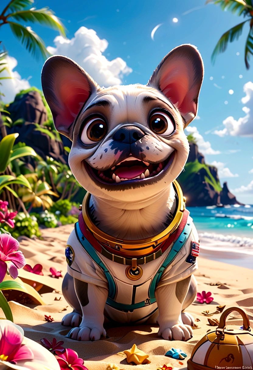 (Highest quality,4K,8K,High resolution,)Private beach in Hawaii at noon、Infinity symbol,3D Model,Colorful colors,Hawaii private beach background、pop,From the central viewer'perspective、French Bulldog iidSummer StylePatissierFashionStyle、Astronaut Fashion Style,To the beach、face、Under the chin、Stomach、head、feet、ear、all、Light grey skinned French bulldog,Very delicate