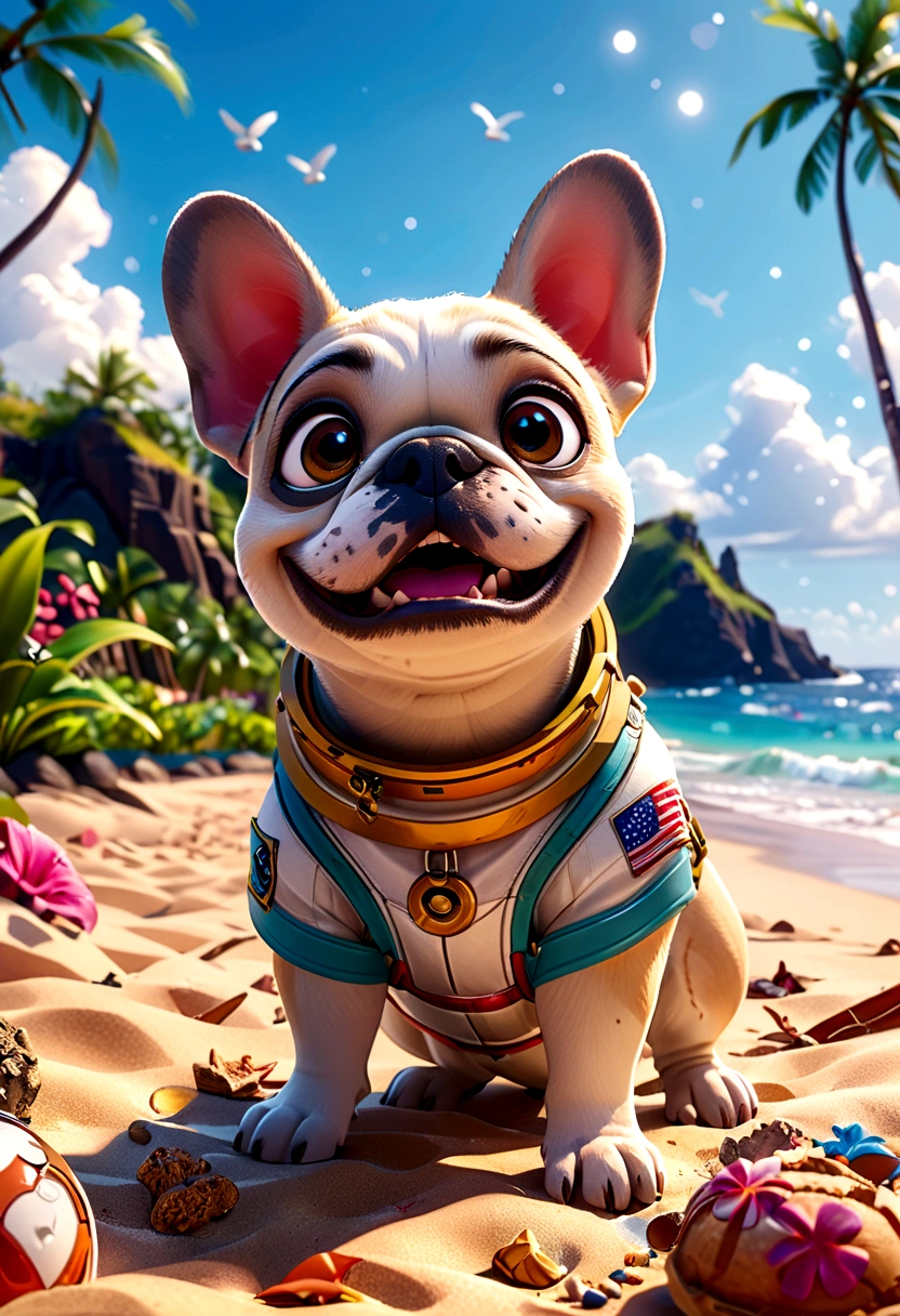 (Highest quality,4K,8K,High resolution,)Private beach in Hawaii at noon、Infinity symbol,3D Model,Colorful colors,Hawaii private beach background、pop,From the central viewer'perspective、French Bulldog iidSummer StylePatissierFashionStyle、Astronaut Fashion Style,To the beach、face、Under the chin、Stomach、head、feet、ear、all、Light grey skinned French bulldog,Very delicate