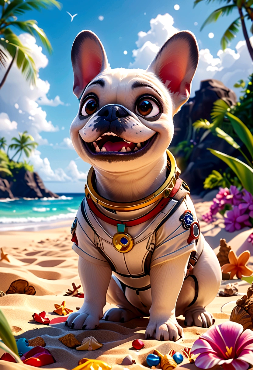 (Highest quality,4K,8K,High resolution,)Private beach in Hawaii at noon、Infinity symbol,3D Model,Colorful colors,Hawaii private beach background、pop,From the central viewer'perspective、French Bulldog iidSummer StylePatissierFashionStyle、Astronaut Fashion Style,To the beach、face、Under the chin、Stomach、head、feet、ear、all、Light grey skinned French bulldog,Very delicate