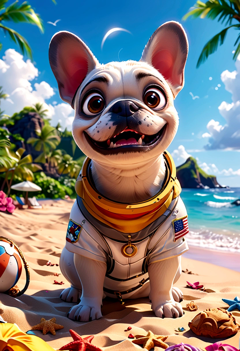 (Highest quality,4K,8K,High resolution,)Private beach in Hawaii at noon、Infinity symbol,3D Model,Colorful colors,Hawaii private beach background、pop,From the central viewer'perspective、French Bulldog iidSummer StylePatissierFashionStyle、Astronaut Fashion Style,To the beach、face、Under the chin、Stomach、head、feet、ear、all、Light grey skinned French bulldog,Very delicate