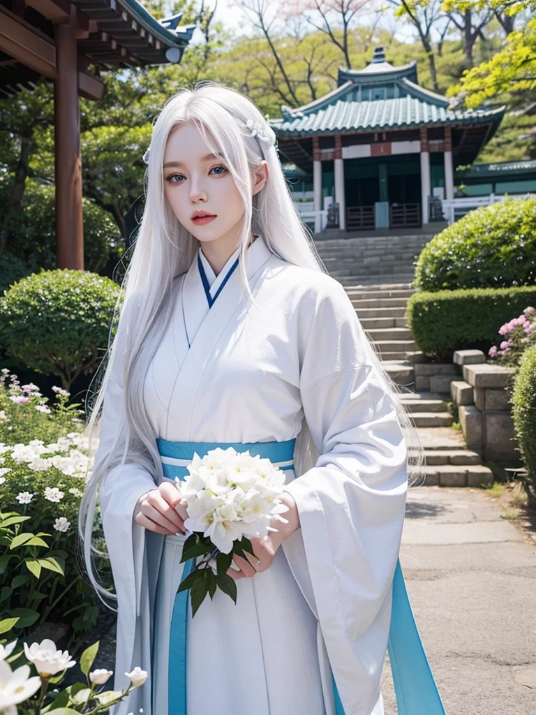 Long white hair, blue eyes, serious features, white skin, loose style, in a garden, with flowers , in the forest ,in the Sakura Korea ,Korean Palace