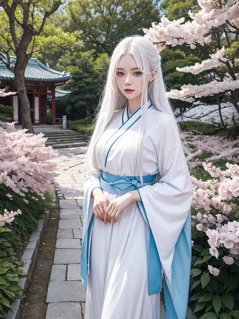 Long white hair, blue eyes, serious features, white skin, loose style, in a garden, with flowers , in the forest ,in the Sakura Korea ,Korean Palace 