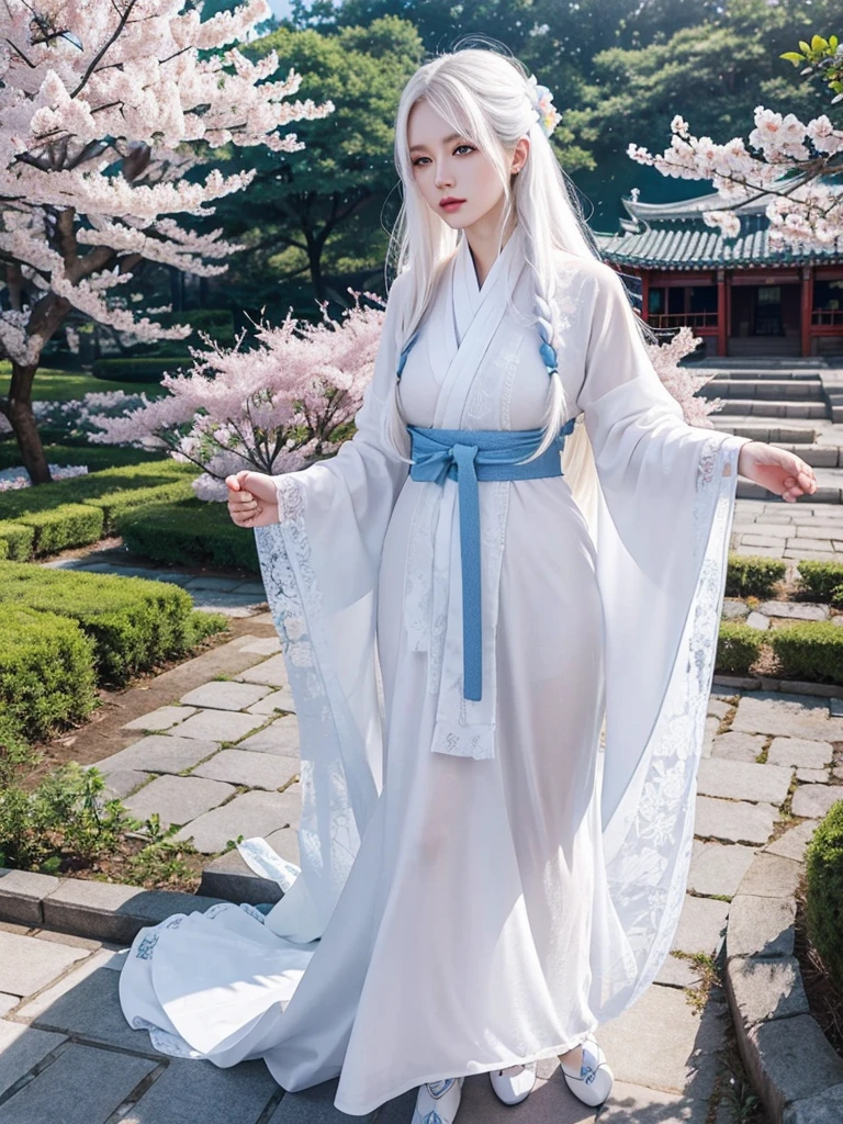 Long white hair, blue eyes, serious features, white skin, loose style, in a garden, with flowers , in the forest ,in the Sakura Korea ,Korean Palace