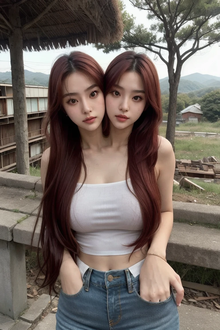 1girl, Korean Woman, look at viewer, bangs, long hair, (red hair:1.3), k-pop star, shirt, jeans, cloud, day, sky,outdoors, post-apocalypse, ruins, scenery, tree, water, conjoined_dicephalus, (two heads:1.3)